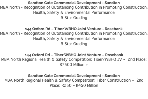 Sandton Gate Commercial Development - Sandton MBA North - Recognition of Outstanding Contribution in Promoting Construction, Health, Safety & Environmental Performance 5 Star Grading 144 Oxford Rd – Tiber WBHO Joint Venture - Rosebank MBA North - Recognition of Outstanding Contribution in Promoting Construction, Health, Safety & Environmental Performance 5 Star Grading 144 Oxford Rd – Tiber WBHO Joint Venture – Rosebank MBA North Regional Health & Safety Competition: Tiber/WBHO JV – 2nd Place: R7500 Million + Sandton Gate Commercial Development - Sandton MBA North Regional Health & Safety Competition: Tiber Construction – 2nd Place: R250 – R450 Million 